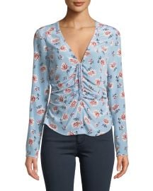 Veronica Beard Maisle V-Neck Ruched-Front Long-Sleeve Silk Blouse at Neiman Marcus